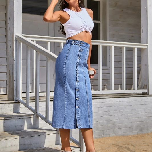 Buttoned Side-Slit Denim Skirt